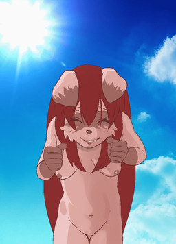anthro biped bouncing_breasts breasts casual_nudity clitoral_hood cloud day female genitals green_eyes hair happy jumping long_hair looking_at_viewer nipples nude outside red_hair sky smile solo spread_legs spreading sun vulva young young_female sicmop mammal procyonid raccoon 2016 2d_animation animated frame_by_frame