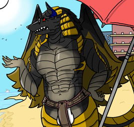 annoyed anthro balls_outline beach biped black_body black_hair black_scales black_sclera black_skin blue_body blue_skin bottomwear building bulge claws cloth clothed clothing covered_in_sand detailed_bulge eyewear fangs first_person_view folded_wings genital_outline gold_body gold_scales gold_skin golden_claws golden_nails hair hand_on_hip horn loincloth male muscular muscular_male red_eyes sand scales sea seaside solo sun sunglasses teeth topless topless_anthro topless_male umbrella waist_belt water wings crimsontyd capcom monster_hunter ambient_bird aquatic avian bird canid canine canis ceadeus cetacean elder_dragon jackal leviathan_(mh) mammal nef-garmat whale absurd_res digital_media_(artwork) hi_res