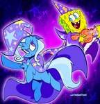 blue_eyes cape clothing duo female guitar horn magic male male/female musical_instrument plucked_string_instrument purple_cape purple_clothing star_(symbol) string_instrument wutanimations friendship_is_magic hasbro my_little_pony mythology nickelodeon spongebob_squarepants spongebob_squarepants_(character) trixie_(mlp) equid equine mammal mythological_creature mythological_equine unicorn hi_res