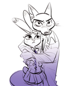accessory anthro bottomwear clothed clothing cosplay crossover_cosplay duo female fingers interspecies long_ears male male/female necktie predator/prey scut_tail short_tail skirt standing tail meatballs_5u disney heathers_(film) zootopia judy_hopps nick_wilde canid canine fox lagomorph leporid mammal rabbit crossover digital_drawing_(artwork) digital_media_(artwork) monochrome spot_color