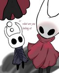 arthropod black_eyes butt cloak clothed clothing dialogue duo empty_eyes english_text erection erection_under_clothing fantasizing featureless_feet feet female hi_res hollow_knight honeyu hornet_(hollow_knight) incest_(lore) insect looking_at_another male male/female mouthless simple_background team_cherry text the_knight_(hollow_knight) thought_bubble vessel_(species) white_background