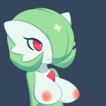 big_breasts breasts clothed clothing female green_hair hair hair_over_eye inverted_nipples nipples not_furry one_eye_obstructed red_eyes solo topless jcdr nintendo pokemon nougat_(character) gardevoir generation_3_pokemon pokemon_(species) 1:1