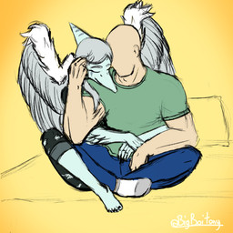 anthro bald bed black_bottomwear black_clothing black_pants black_shirt black_topwear bone_frill bottomwear canon_couple clothed clothed_anthro clothed_female clothed_human clothed_male clothing denim denim_bottomwear denim_clothing duo elbow_feathers eyes_closed feathered_wings feathers feet female fingers footwear frill_(anatomy) furniture green_clothing green_shirt green_topwear grey_body grey_feathers grey_hair hair happy hug hugging_another hugging_from_behind human_on_anthro humanoid_feet humanoid_hands interspecies jeans male male/female markings nuzzling on_bed pants pillow plantigrade romantic romantic_couple shirt sitting socks striped_markings stripes toes topwear torn_bottomwear torn_clothing torn_pants wings bigboitony cavemanon_studios goodbye_volcano_high ko_op_(game_developer) snoot_game anon_(snoot_game) fang_(gvh) human mammal prehistoric_species pterosaur reptile scalie 1:1 absurd_res colored colored_sketch hi_res shaded sketch