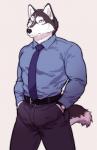 anthro black_body black_fur black_nose clock clothed clothing front_view fully_clothed fur hand_in_pocket hands_in_both_pockets male necktie pockets simple_background solo standing watch white_body white_fur wristwatch maririn keigo_okamoto canid canine canis domestic_dog husky mammal nordic_sled_dog spitz 2017 hi_res