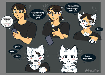 4_fingers 5_fingers ahegao anthro anthro_transformation black_clothing black_eyes black_nose black_shirt black_t-shirt black_text black_topwear blush blush_lines bodily_fluids border brown_eyes brown_hair cellphone clone_transformation clothing dialogue drooling dropping_object dropping_phone ear_piercing electronics eye_through_hair eyebrow_through_hair eyebrows fingers fur grey_background grey_border hair half-closed_eyes holding_object holding_phone human_to_anthro hypnosis hypnotic_eyes light_body light_skin looking_at_object looking_at_phone looking_at_viewer looking_down looking_pleasured male male_anthro male_human mid_transformation mind_control narrowed_eyes open_mouth open_smile phone piercing question_mark red_eyes saliva shirt simple_background smartphone smile solo species_transformation speech_bubble spiral spiral_eyes squean sweat sweaty_face t-shirt teeth text topwear transformation transformation_sequence transformation_through_technology translucent translucent_hair tuft twinning white_body white_fur white_text white_tuft tunafrsh boy_kisser_(meme) silly_cat_(mauzymice) domestic_cat felid feline felis human mammal 2025 artist_name english_text hi_res meme