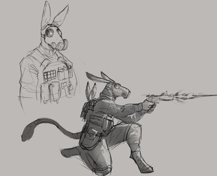 ambiguous_anthro ambiguous_gender anthro clothed clothing gas_mask gun handgun holding_gun holding_handgun holding_object holding_ranged_weapon holding_revolver holding_weapon kneeling mask obscured_eyes ranged_weapon revolver solo tail tail_tuft tuft weapon wearing_mask jezzlen chuy_(jezzlen) asinus donkey equid equine mammal hi_res monochrome sketch male_(lore)