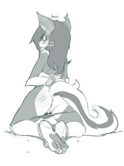anthro arm_tuft ball_gag bdsm biped blush bodily_fluids bound butt claws clothed clothing ear_piercing elbow_tuft feet female fur gag gagged genital_fluids genitals hair hindpaw kneeling long_hair looking_at_viewer looking_back panties panties_down partially_clothed pawpads paws piercing rear_view solo submissive submissive_female toe_claws tuft underwear underwear_down vaginal_fluids vulva marblesoda canid canine canis mammal wolf 2015 3:4 absurd_res digital_drawing_(artwork) digital_media_(artwork) greyscale hi_res monochrome sketch