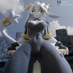 anthro athletic athletic_anthro athletic_female breasts female fur glowing glowing_eyes grey_body grey_fur hair horn looking_at_viewer low-angle_view medium_breasts purple_eyes short_hair solo standing tail thick_thighs white_body white_fur wide_hips samtrix warfaremachine_(modeler) pseudoregalia sybil_(pseudoregalia) warfare_sybil chimera 1:1 3d_(artwork) digital_media_(artwork) hi_res