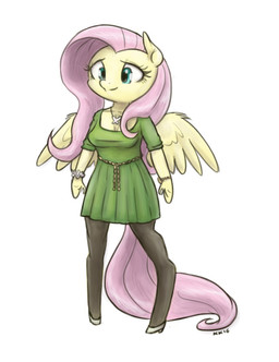 anthro back_wings blue_eyes bracelet breasts cleavage clothed clothing dress feathered_wings feathers female fetlocks footwear fur green_clothing green_shirt green_topwear green_tunic hair high_heels hoof_hands hooves jewelry legwear long_hair pantyhose pink_hair pink_tail shirt shoes simple_background smile solo standing tail topwear tunic unguligrade white_background wings yellow_body yellow_fur king-kakapo friendship_is_magic hasbro my_little_pony mythology fluttershy_(mlp) equid equine mammal mythological_creature mythological_equine pegasus 2016 full-length_portrait hi_res portrait