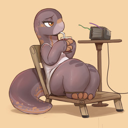 anthro barefoot bendy_straw bodily_fluids chair claws clothed clothing container cup drinking drinking_straw feet furniture holding_container holding_cup holding_object light simple_background sitting solo sweat tail tan_background toes louart annelid leech 1:1 2022 absurd_res digital_media_(artwork) hi_res lighting shaded