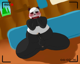 anthro anus balls blush bodily_fluids camera_view embarrassed erection eyes_closed genital_fluids genitals male nude penis precum recording solo spread_legs spreading thick_thighs jakewoolson2014 cartoon_network we_bare_bears panda_(we_bare_bears) bear giant_panda mammal
