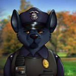 american_flag anthro clothing electronics flag male maveryk nature nature_background police police_badge police_hat police_officer police_uniform radio solo uniform united_states_of_america yellow_eyes jebbthefoxy hyena mammal 1:1 hi_res