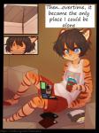 2018 3:4 anthro aoizuri beverage black_hair brown_body brown_fur caprisun chips_(food) comic comic_book digital_media_(artwork) domestic_cat english_text felid feline felis food fur hair hi_res ken_(claralaine) male mammal markings orange_body orange_fur orange_tail scared sitting smile striped_body striped_fur striped_markings striped_tail stripes tail tail_markings text young young_anthro