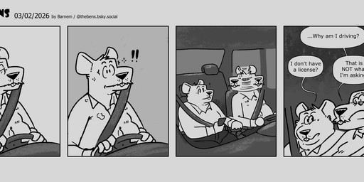anthro belly big_belly bodily_fluids bottomwear car clothing dialogue driving duo exclamation_point inside_car inside_vehicle male overweight overweight_male pants shirt sitting surprised sweat text topwear vehicle barnem mammal murid murine rat rodent 2026 comic english_text hi_res monochrome