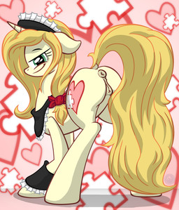 anatomically_correct anatomically_correct_genitalia anatomically_correct_vulva animal_genitalia animal_vulva anus ass_up bedroom_eyes blonde_hair butt closed_smile clothed clothed_female clothed_feral clothing cutie_mark ears_down equine_genitalia equine_vulva female female_feral feral genitals green_eyes hair hooves horn looking_at_viewer looking_back looking_back_at_viewer maid_headdress maid_uniform mane mouth_closed narrowed_eyes pattern_background pivoted_ears presenting presenting_hindquarters puffy_anus seductive simple_background smile solo tail unguligrade uniform vulva yellow_body template93 hasbro my_little_pony mythology fan_character equid equine mammal mythological_creature mythological_equine unicorn absurd_res cel_shading colored digital_media_(artwork) hi_res shaded
