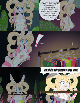 anthro armwear blonde_hair blue_eyes breasts caught clothing dialogue exclamation_point flashlight fur genitals gynomorph hair intersex legwear mostly_nude nipples pattern_armwear pattern_clothing pattern_legwear penis penis_base pigtails public public_nudity solo speech_bubble striped_armwear striped_clothing striped_legwear stripes text white_body white_fur apinkgrape glamor_to_bare stephanie_(neko-eclipse17) lagomorph leporid mammal rabbit absurd_res english_text hi_res trans_(lore) trans_woman_(lore)