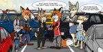 3_toes 4_fingers anthro blue_eyes car feet female fingers fur green_eyes grey_body grey_fur group male orange_body orange_fur parking police purple_eyes sand_fur text toes vehicle yellow_eyes ziegelzeig bad_guy_cafe disney zootopia aliya_sari_(readerno31142) arten_reichtum judy_hopps nick_wilde siljan_clawson silver_reichtum canid canine canis corsac_fox felid feline fox lagomorph leporid lynx mammal rabbit red_fox true_fox wolf english_text hi_res