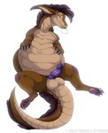 balls balls_on_tail belly big_belly black_body black_claws black_fur black_mane black_scales bodily_fluids brown_body brown_scales claws drooling erection feral fur genitals knot male mane overweight overweight_feral pawpads penis purple_body purple_knot purple_pawpads purple_penis purple_scales saliva scales solo tail ventral_scales shadoweyenoom tabirs mythology dragon mythological_creature mythological_scalie scalie hi_res