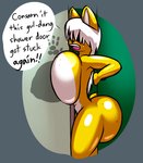 anthro big_breasts big_butt breasts butt female freckles hair hair_over_eyes huge_breasts huge_butt solo stuck text wet white_hair norithics sunni_smiles bassariscus mammal procyonid ring-tailed_cat english_text