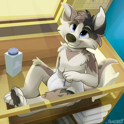 ambiguous_gender anthro baby_powder changing_table chart claws clean_diaper clothed clothing diaper diaper_only light looking_up male pawpads paws pillow sitting smile solo sunlight topless wearing_diaper window young young_anthro young_male smokeyaussie canid canine mammal 1:1 hi_res