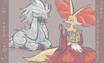 ambiguous_gender anthro brush dialogue duo feral fur hairbrush japanese long_fur multicolored_body multicolored_fur red_eyes simple_background sitting text white_body white_fur gd-058 nintendo pokemon canid canine delphox furfrou generation_6_pokemon mammal natural_furfrou pokemon_(species) 2016 aliasing comic digital_media_(artwork) japanese_text translation_request