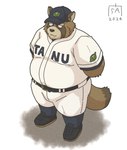 anthro baseball_cap baseball_uniform belly big_belly biped bottomwear brown_body brown_fur clothing fur hat headgear headwear kemono male overweight overweight_male pants shirt simple_background solo sportswear topwear uniform white_background goyemon_k canid canine mammal raccoon_dog tanuki 2024 hi_res