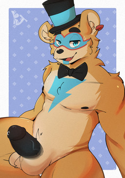 anthro balls belly bodily_fluids bow_tie fangs genitals humanoid_genitalia humanoid_penis looking_at_viewer male mask penis piercing solo sweat tattoo teeth tuft vein rj-kun five_nights_at_freddy's five_nights_at_freddy's:_security_breach scottgames steel_wool_studios freddy_(fnaf) glamrock_freddy bear mammal absurd_res hi_res