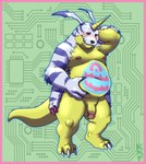 animal_skin anthro balls belly belly_markings blush bodily_fluids circumcised circumcision_scar claws flaccid fupa genital_fluids genital_scar genitals horn male markings moobs navel nipples overweight overweight_male penis precum scar solo yellow_body kronexfire bandai_namco digimon digimon_(species) gabumon scalie hi_res