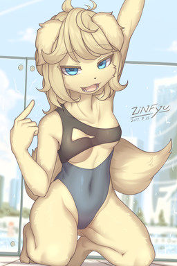 5_fingers anthro blonde_hair blue_eyes breasts camel_toe clothing day female fingers fur genital_outline gesture hair hand_gesture kneeling looking_at_viewer navel open_mouth outside pointing pointing_at_self raised_arm small_breasts solo swimwear tail teeth tongue vulva_outline yellow_body yellow_fur yellow_tail zinfyu canid canine canis domestic_dog mammal 2019 2:3 absurd_res dated digital_media_(artwork) hi_res