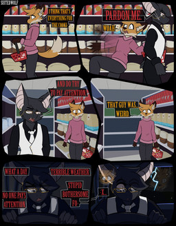 5_fingers 6_panel_comic :< angry anthro basket big_ears biped black_bottomwear black_clothing black_hair black_pants black_shirt black_topwear bottomwear brown_body brown_fur brown_nose button_(fastener) cheek_tuft claws clothing collared_shirt container detailed_background dialogue dipstick_ears dipstick_tail driving duo ear_markings ear_piercing electricity eye_through_hair eyebrow_through_hair eyebrows eyelashes eyelashes_through_hair eyewear facial_tuft fangs finger_claws fingers flour fur glass glasses gloves_(marking) gold_(metal) gold_button_(fastener) gold_glasses gold_jewelry hair happy head_tuft holding_basket holding_container holding_object holding_steering_wheel humanoid_hands inner_ear_fluff inside jewelry lightning lightning_bolt looking_at_another looking_at_viewer looking_back looking_back_at_another male markings mole_(marking) multicolored_body multicolored_ears multicolored_fur necktie open_mouth orange_body orange_fur orange_hair pants piercing pink_clothing pink_eyes pink_inner_ear pink_sclera pink_sweater pink_topwear pupils raining raised_tail sack shelf shirt shopping shopping_basket slit_pupils split_dialogue standing steering_wheel sugar suit surprised sweater tail tail_markings teeth text thunder tongue tongue_out topwear translucent translucent_hair tuft two_tone_body two_tone_fur wearing_glasses white_body white_clothing white_eyes white_fur white_inner_ear white_markings white_necktie white_sclera white_suit worried suitedwolfie balthy_(suitedwolfie) cain_(suitedwolfie) canid canine fox mammal red_fox true_fox wingless_bat artist_name comic digital_drawing_(artwork) digital_media_(artwork) english_text hi_res shaded watermark