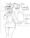 anthro bottomwear clothed clothing dialogue eyewear female fully_clothed glasses office pince-nez poster shirt skirt solo tail text topwear w4g4 hang_in_there kobold scalie 2019 black_and_white english_text hi_res monochrome sketch