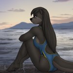 anthro backless_clothing backless_swimsuit black_hair blue_clothing breasts clothing cloud female hair long_hair mountain one-piece_swimsuit sand sea seaside sitting sky solo swimwear tail topwear water mykegreywolf nat_(mykegreywolf) mammal mustelid otter river_otter 1:1 2023 absurd_res digital_media_(artwork) hi_res