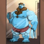 anthro arm_hair barefoot beard blush body_hair brown_hair chest_tuft clothed clothing electronics facial_hair feet green_eyes hair male mirror mirror_selfie muscular_legs nipples overweight phone selfie solo topless towel tuft bufffbuck bear mammal 1:1 hi_res