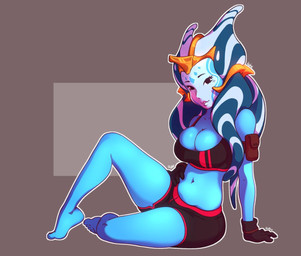 breasts cleavage clothed clothing female gloves handwear looking_at_viewer navel simple_background sitting solo sportswear rube star_wars snooker_(rube) alien togruta 2019