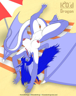 anthro beach beach_towel beach_umbrella belly bent_legs blue_hair breasts claws female fin genitals hair horn long_hair long_tail long_tongue looking_at_viewer lying membrane_(anatomy) membranous_wings nipple_dip nipples on_back open_mouth parasol pink_nipples raised_arms sand solo spread_arms spread_legs spreading tail tongue towel vulva white_belly white_breasts white_claws white_horn white_vulva wings yellow_eyes knockedoutdragon european_mythology mythology dragon mythological_creature mythological_scalie scalie western_dragon 4:5 character_request hi_res