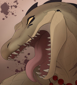 anthro beads black_spikes buccinator countershade_neck countershading eye_markings facial_scar head_spikes jewelry markings mouth_scar necklace open_mouth pink_tongue scales scar sharp_teeth simple_background snout solo spikes spikes_(anatomy) tan_background tan_body tapering_tongue teeth tongue yellow_eyes lavashik alligator alligatorid crocodilian reptile scalie hi_res