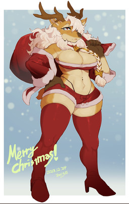 absolute_territory anthro antlers bandeau bell bell_collar big_breasts bottomwear breasts christmas_clothing clothing collar ear_piercing female fur hair hair_over_eye holidays horn hotpants legwear lingerie merry_christmas navel navel_piercing one_eye_obstructed piercing red_clothing red_lingerie sack shorts skindentation snow snowing solo stockings tan_body tan_fur text thick_thighs thigh_highs thong_straps topwear white_hair sanjiro christmas nakai_(sanjiro) deer mammal new_world_deer reindeer 2023 absurd_res dated english_text hi_res