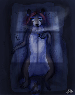 ambiguous_gender black_nose blue_eyes brown_body brown_fur cigarette drugs facial_markings featureless_crotch front_view fur glistening glistening_eyes hair head_markings holding_cigarette holding_object lying markings narrowed_eyes on_back red_hair semi-anthro smoking solo white_body white_fur unknowhiter mammal procyonid raccoon 2015 full-length_portrait portrait signature
