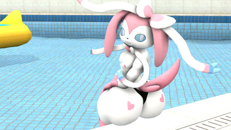 anthro anthrofied big_butt blue_eyes bow_ribbon butt butt_markings clothing femboy floppy_ears fur heart_symbol huge_butt male markings narrowed_eyes nipples pink_body pink_fur pool_toy poolside raised_tail smile solo swim_ring swimming_pool tail thong underwear water white_body wide_hips blulowcj kabalmystic_(modeler) nintendo pokemon sweet_sylvi eeveelution generation_6_pokemon pokemon_(species) sylveon 16:9 2023 3d_(artwork) digital_media_(artwork) hi_res source_filmmaker_(artwork) widescreen