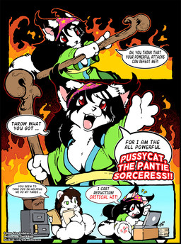 anthro black_body black_fur black_hair breasts brown_hair cleavage clothed clothing computer dialogue electronics emanata fangs female filing_cabinet fire fully_clothed fur green_eyes hair laptop magic_staff magic_user male nude open_mouth panties paper pawpads red_eyes robe speech_bubble staff star taxes teeth text tongue underwear underwear_on_head white_body white_fur o-kemono o-kemono_(character) pussycat_(o-kemono) canid canine canis domestic_cat felid feline felis mammal wolf 2020 comic digital_drawing_(artwork) digital_media_(artwork) english_text url