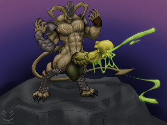 anthro armor balls big_balls big_penis bodily_fluids claws colored_cum cum ejaculation excessive_cum excessive_genital_fluids flared_penis flaring genital_fluids genitals glowing glowing_cum green_cum hands-free horn huge_balls huge_penis hyper hyper_balls hyper_genitalia hyper_penis male markings medial_ring muscular muscular_male open_mouth pelvic_thrust penis presenting presenting_penis solo unusual_anatomy unusual_bodily_fluids unusual_cum unusual_genital_fluids unusual_genitalia unusual_penis vein veiny_penis corinoch_(artist) demon 4:3 hi_res