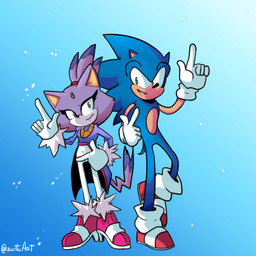 anthro blue_body clothing duo eye_contact female footwear gesture gloves hand_gesture handwear looking_at_another male male/female pointing pointing_up purple_body red_clothing red_footwear red_shoes shoes simple_background smile white_clothing white_gloves white_handwear zettoart sega sonic_the_hedgehog_(series) blaze_the_cat sonic_the_hedgehog domestic_cat eulipotyphlan felid feline felis hedgehog mammal 1:1 absurd_res hi_res