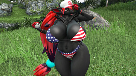 american_flag_bikini anthro baseball_cap big_breasts bikini black_body black_fur blue_eyes breasts camel_toe clothed clothed_anthro clothed_female clothing curvy_figure female female_anthro flag_bikini flag_swimwear fur grey_body grey_fur hair hat headgear headwear huge_breasts huge_thighs long_hair open_mouth pokeball pokeball_clothing red_hair sharp_teeth solo swimwear teeth thick_thighs two-piece_swimsuit voluptuous voluptuous_anthro voluptuous_female wide_hips baek-myo bom39_(modeler) nintendo pokemon zoroark_(bom39) generation_5_pokemon pokemon_(species) zoroark 16:9 3d_(artwork) digital_media_(artwork) hi_res widescreen