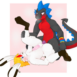 anal anal_penetration animal_genitalia anthro anus armlet aroused balls blonde_hair blue_eyes card_ear_ring duo ear_tuft fur gem genital_slit genitals hair hair_color_change half-closed_eyes hanafuda_card male male/male multicolored_body multicolored_fur narrowed_eyes penetration penis rabbit_ears ruby_(gem) sapphire_(gem) scut_tail short_tail slit_penis tail teeth tuft white_body white_fur zionnicoz mythology corops_blackscale rytsu dragon lagomorph leporid mammal mythological_creature mythological_scalie rabbit scalie wingless_dragon 1:1 absurd_res hi_res nonbinary_(lore)