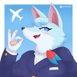 aircraft airplane anthro ascot blush blush_stickers female flight_attendant gesture hand_gesture ok_sign pawpads scarf solo vehicle gammainks animal_crossing nintendo whitney_(animal_crossing) canid canine canis mammal wolf 1:1 absurd_res hi_res