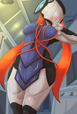 blush breasts covering covering_mouth crossgender curvy_figure female lights not_furry ribbons solo spacecraft vehicle voluptuous makarimorph digital_extremes tencent warframe nezha_(warframe) alien tenno hi_res