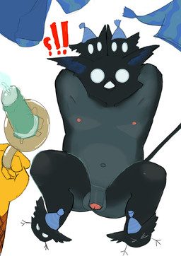 aged_up ambiguous_gender anthro balls beak biped black_body black_fur black_tail blue_clothing blue_hat blue_headgear blue_headwear blue_pajamas blue_topwear candle candlestick clothing empty_eyes exhibitionism first_person_view fur genitals glans grey_balls grey_body grey_fur grey_penis group hands_behind_head hat hat_only headgear headgear_only headwear headwear_only holding_candle holding_object humanoid_genitalia humanoid_penis male male/ambiguous male_anthro mostly_nude navel nipples nude nude_anthro nude_male open_beak open_mouth penis pov_hands red_glans red_nipples simple_background slightly_chubby slightly_chubby_anthro slightly_chubby_male solo_focus tail topwear white_background yellow_body boubaniq deadlock_(game) mythology valve hidden_king_(deadlock) lil_helper_(deadlock) rem_(deadlock) animal_humanoid avian avian_humanoid bird chimera gryphon humanoid mythological_avian mythological_creature 2026 absurd_res hi_res