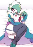 3_fingers blush breasts butt clothed clothing female fingers footwear genitals green_hair hair heart_symbol legwear maid_uniform nipples not_furry pussy red_eyes shoes simple_background solo stockings thigh_highs uniform ikanomaru nintendo pokemon gardevoir generation_3_pokemon mammal pokemon_(species) 2017