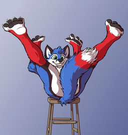 4_toes anthro black_nose black_pawpads blue_body blue_fur blue_tail butt casual_nudity claws dipstick_tail feet fur gradient_background green_eyes hindpaw male markings multicolored_body multicolored_fur multicolored_tail nude open_mouth pawpads paws red_body red_fur red_tail simple_background smile soles solo tail tail_markings toes white_body white_fur white_tail tirrel foxalbiazul canid canine mammal source_request