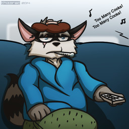 anthro black_nose blue_nightgown clothed clothing controller eye_scar facial_scar frown fur green_blanket grey_body grey_fur grey_hair hair half-closed_eyes holding_controller holding_object holding_remote_control ill lyrics male musical_note musical_symbol narrowed_eyes pink_inner_ear pink_scar remote_control scar scientific_instrument sitting_on_sopha solo symbol thermometer thermometer_in_mouth tv_remote watching_television thizorac too_many_cooks zapher mammal procyonid raccoon 1:1 2014 digital_drawing_(artwork) digital_media_(artwork) low_res shaded